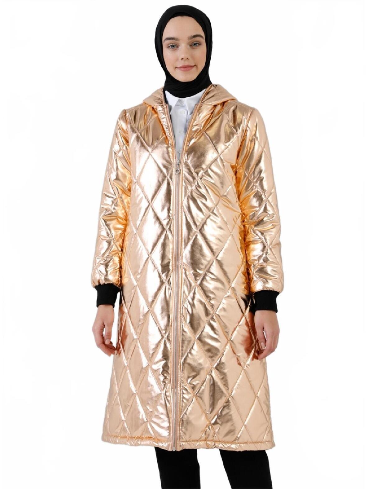 Metallic Quilted Long Puffer Coat With Hood, Size 6